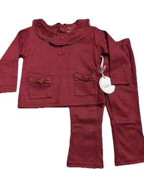 Floral Threads Baby Girls 2-Piece Ribbed Long Sleeve Pants Set - Burgundy - 18M
